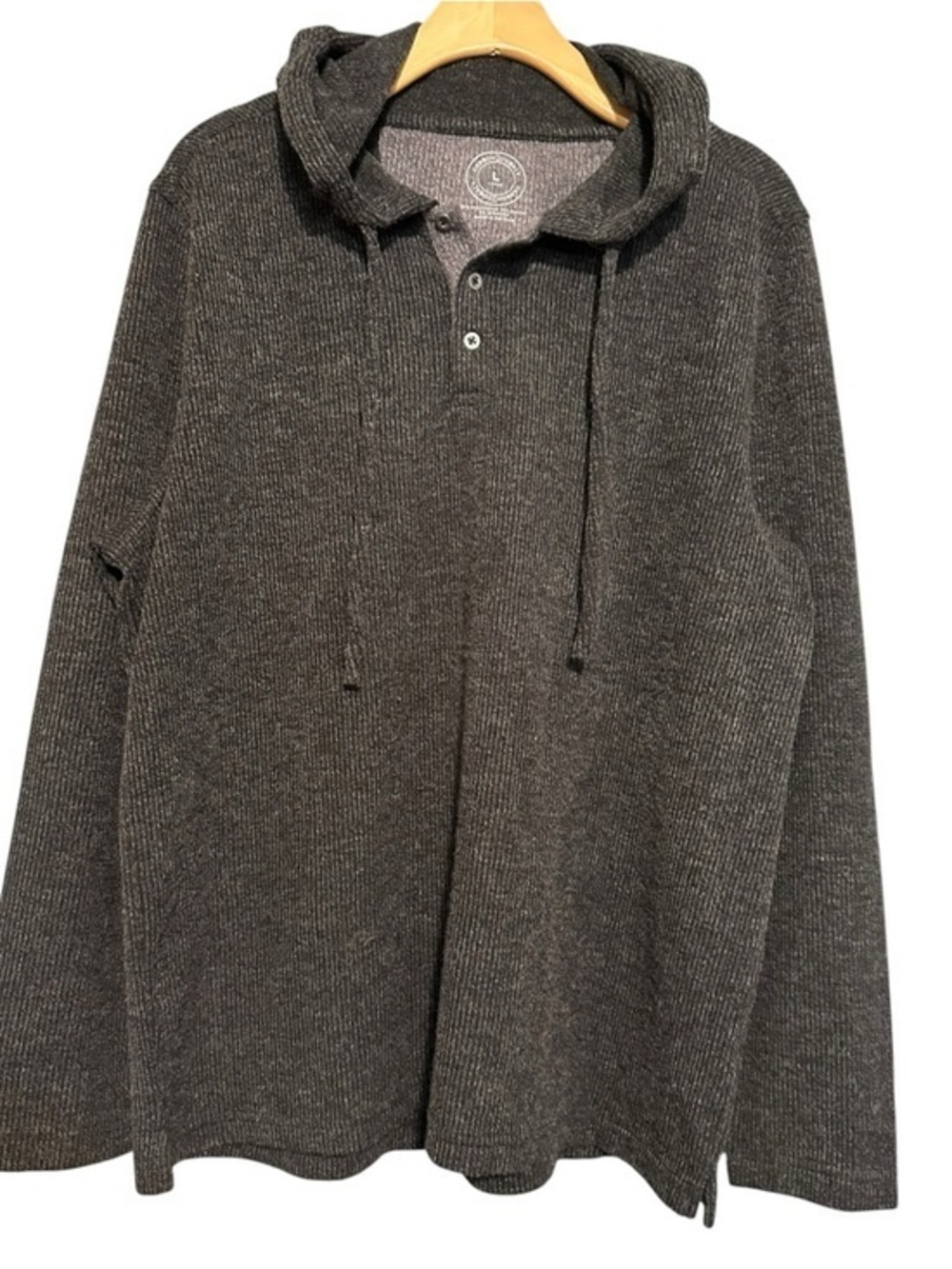 Carbon2Cobalt Men's Size L Charcoal Gray Black Textured Rib Button Neck Hoodie